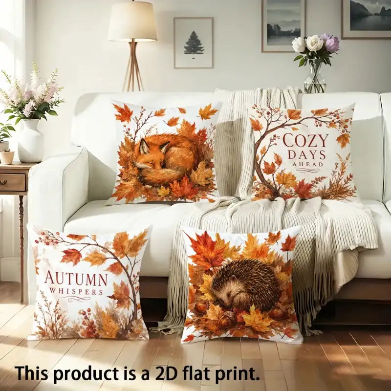 Three decorative throw pillows with autumn-themed printed designs are arranged on a cream sofa in a styled living room. The pillows feature illustrations of a fox, a hedgehog, and autumn leaves, with text reading 'Autumn Whispers,' 'Cozy Days Ahead,' and 'This product is a 2D flat print.