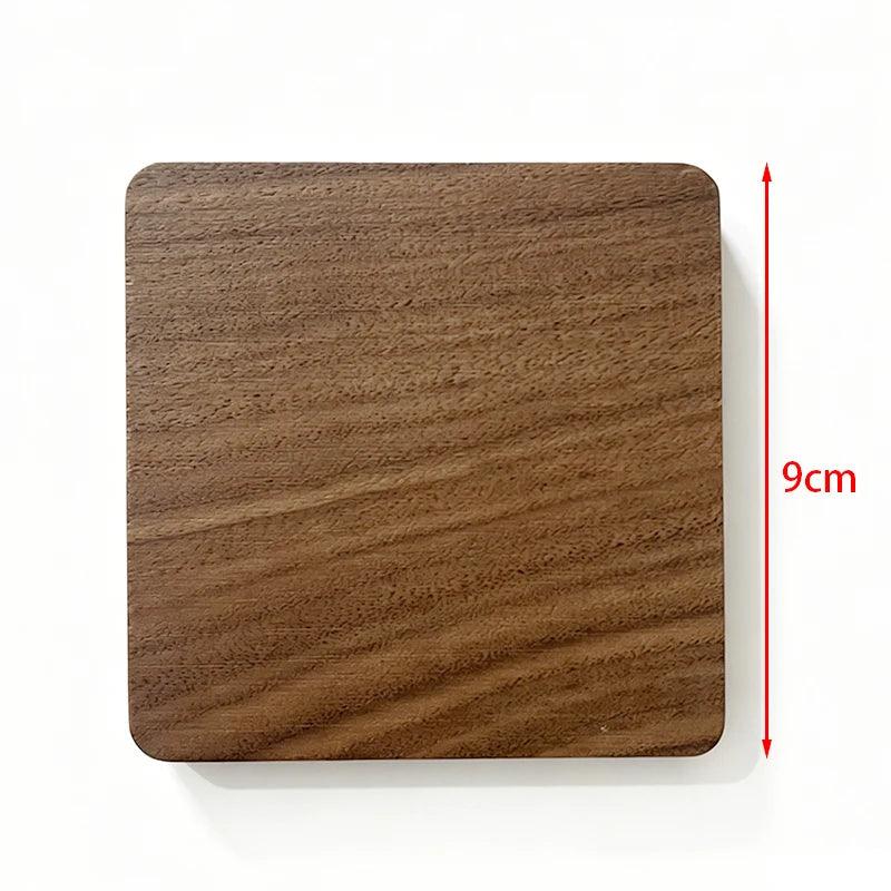 Wooden square coaster with dimensions indicated on a white background