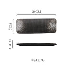Measurement chart of a black rectangular plate with dimensions and weight information.