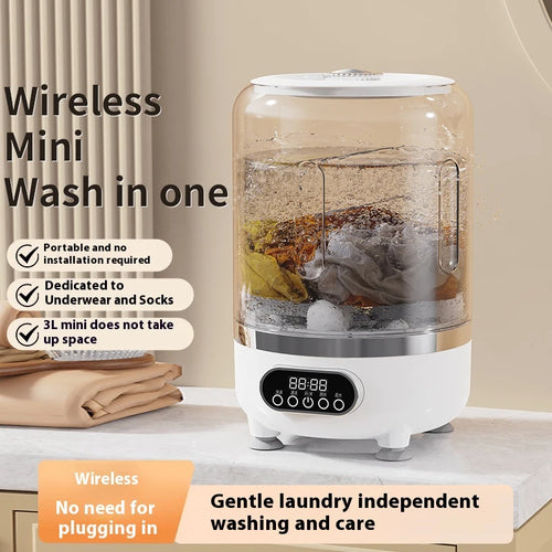 Wireless mini washer with text highlighting features on a neutral background