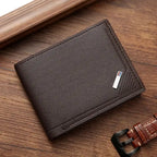 Brown leather wallet with a brand logo on a wooden surface