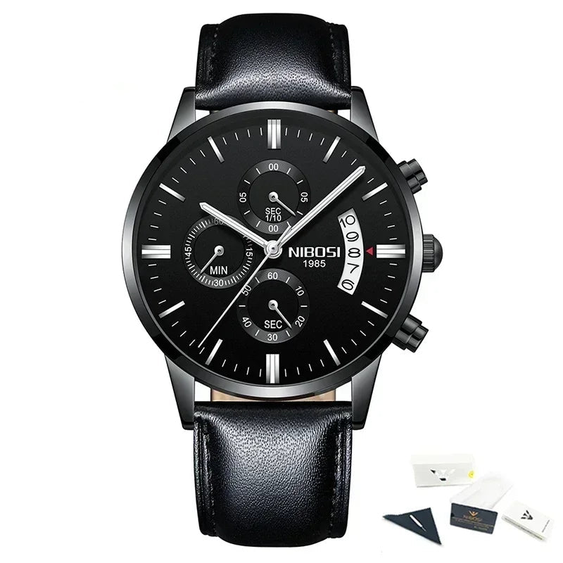 Black wristwatch with detailed face and leather strap on a white background, featuring the NIBOSI brand.