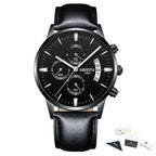 Black wristwatch with detailed face and leather strap on a white background, featuring the NIBOSI brand.