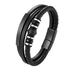 Black braided leather bracelet with metal accents on a white background