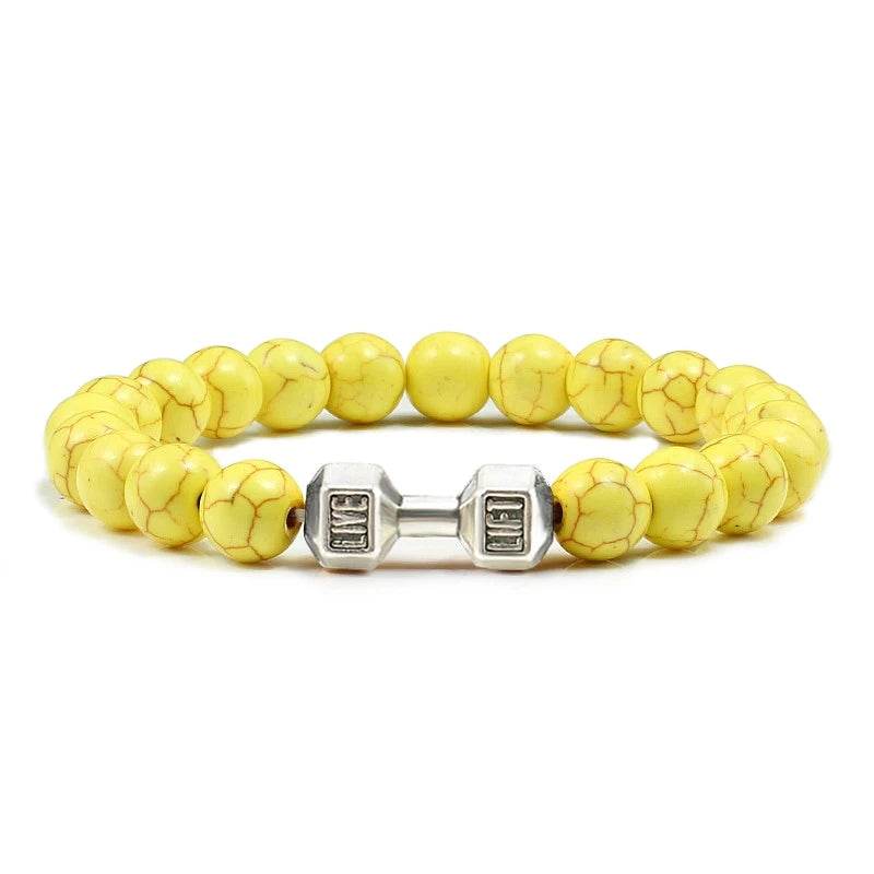 EMESA HOME Volcanic Stone Bead Bracelet – Matte Black Lava & White Dumbbell Charm Fitness Jewelry for Men & Women Yellow Sliver