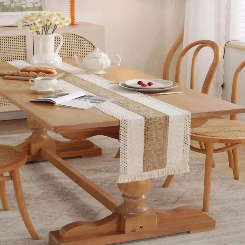 EMESA HOME Burlap Boho Table Runner – Rustic Woven Cotton with Crochet Lace, Modern Farmhouse Style Tabletop