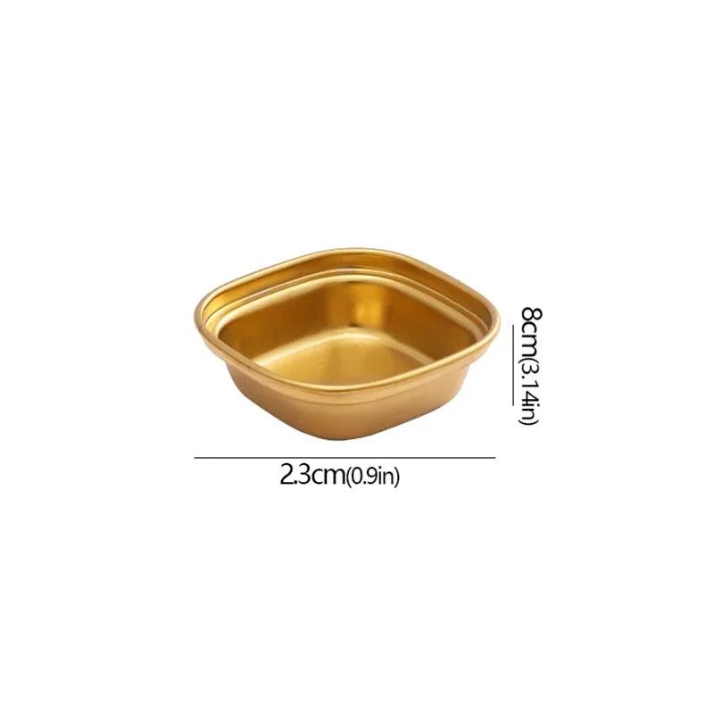 Gold-colored container with dimensions indicated on a white background