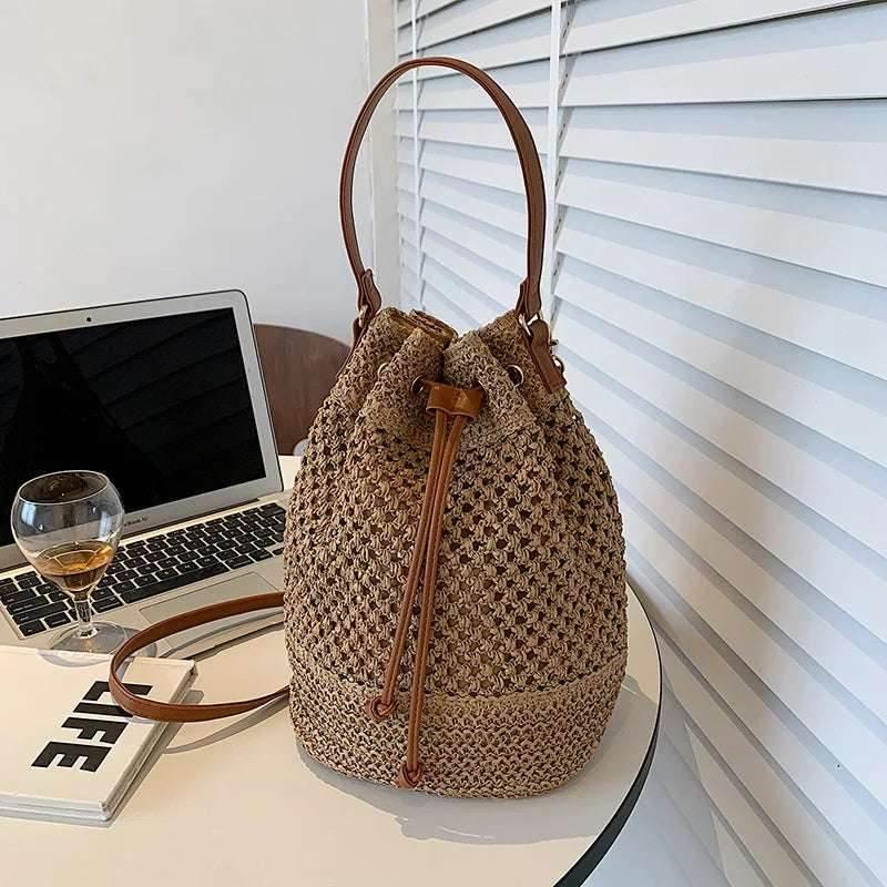 EMESA HOME Woven Straw Bucket Bag – Women's Retro Summer Beach Shoulder Bag, Small Travel Crossbody Purse & Handbag - EMESA HOME™