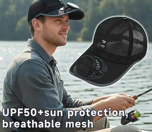 Man fishing with a black cap featuring a cooling pad, surrounded by text about UPF50+ sun protection and breathable mesh.