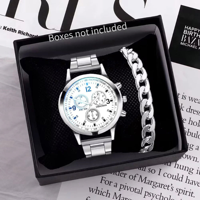 Silver-tone men's quartz wristwatch with stainless steel bracelet band, white chronograph-style dial, and matching chain bracelet – EMESA HOME.