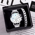 Silver-tone men's quartz wristwatch with stainless steel bracelet band, white chronograph-style dial, and matching chain bracelet – EMESA HOME.