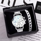 Silver-tone men's quartz wristwatch with stainless steel bracelet band, white chronograph-style dial, and matching chain bracelet – EMESA HOME.