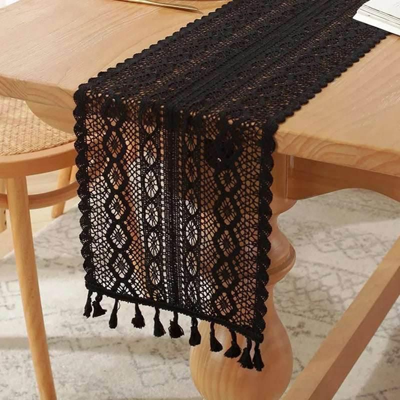 EMESA HOME Vintage Beige Table Runner with Crochet Lace, Cotton Blend, Tassels for Coffee Table, Wedding, and Christmas Décor. - EMESA HOME™