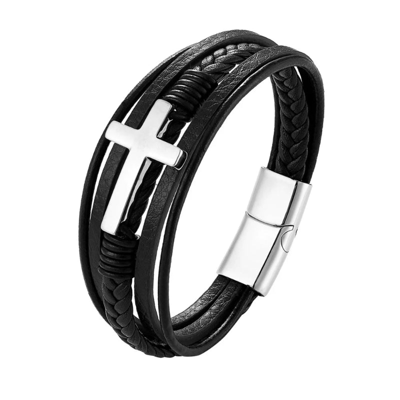Black leather bracelet with silver cross and clasp on a white background