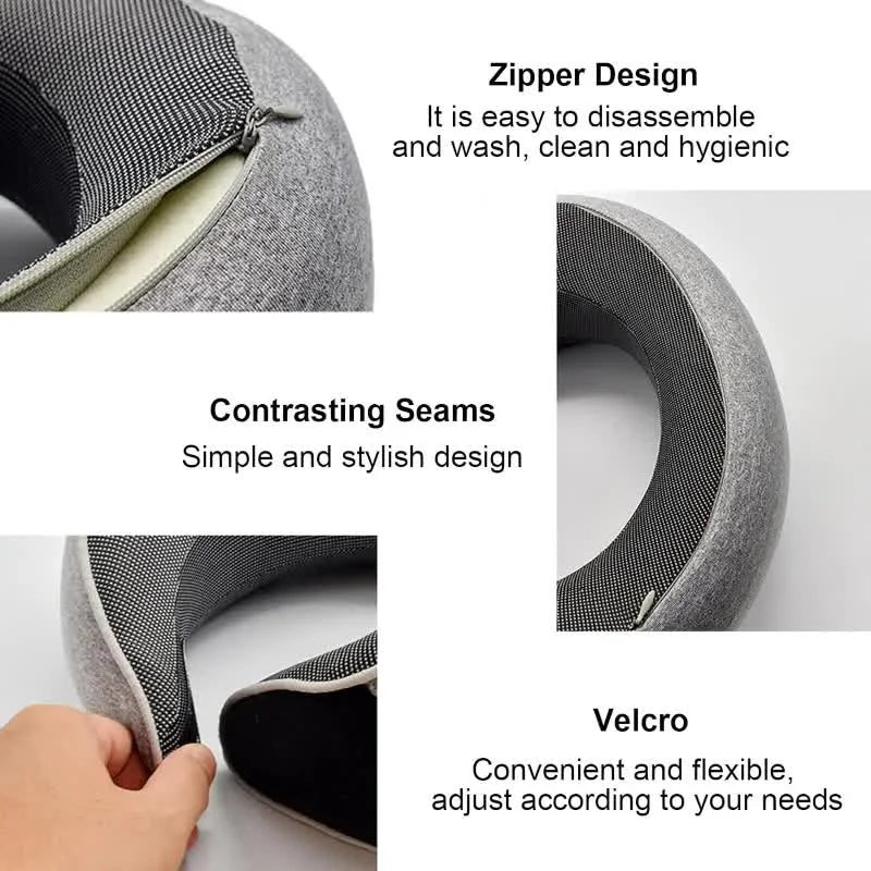 Neck pillow with zipper design, contrasting seams, and Velcro features on a white background.