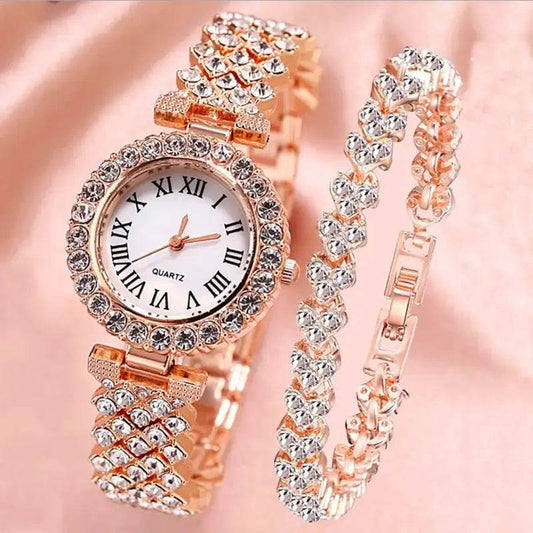 EMESA HOME 2PCS Women's Fashion Watch Set, Rhinestone Roma Dial Quartz Watches with Stainless Steel Band & Bracelet