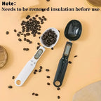 Two digital measuring spoons with coffee beans on a beige surface, accompanied by text indicating insulation removal.