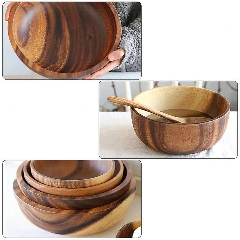 The EMESA HOME Natural Wooden Bowl is handcrafted from Acacia wood, perfect for serving fruit or salad. Its elegant design adds a natural touch to any kitchen. - Emesa Home