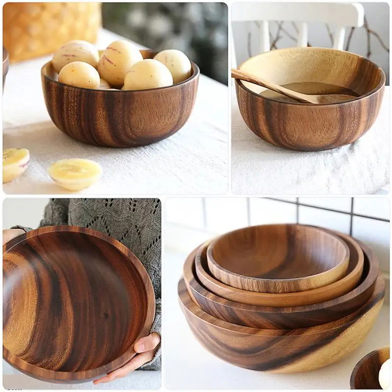 The EMESA HOME Natural Wooden Bowl is handcrafted from Acacia wood, perfect for serving fruit or salad. Its elegant design adds a natural touch to any kitchen. - Emesa Home