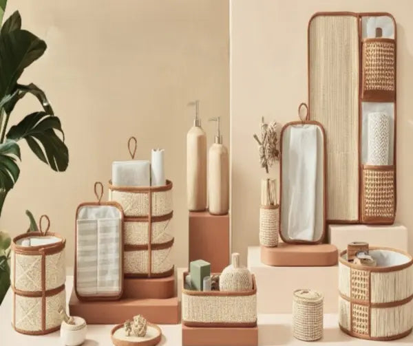 Bathroom setting with wicker baskets, mirrors, and toiletries on a neutral background