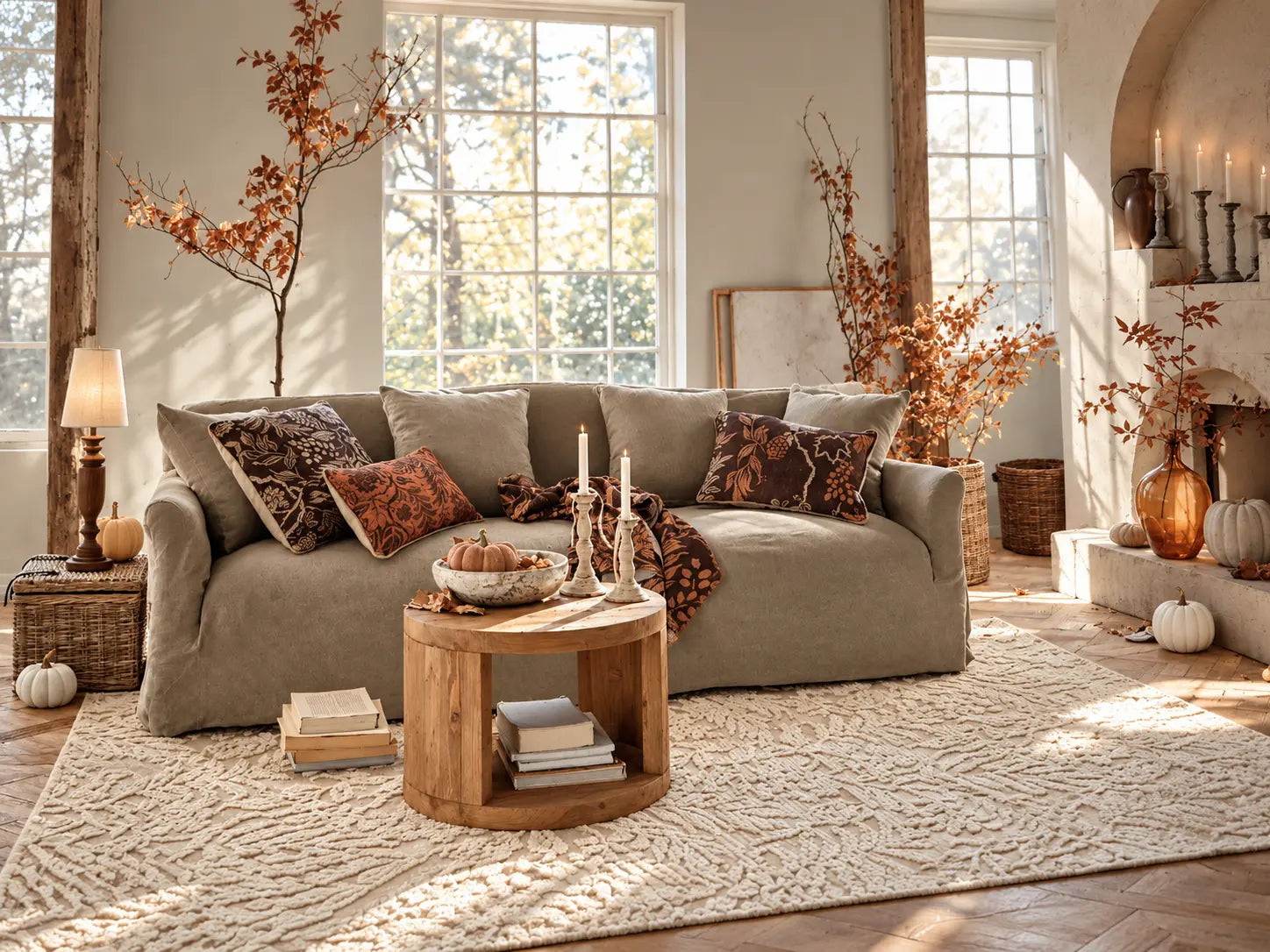 A cozy living room scene featuring a large upholstered loveseat in a warm taupe-gray color, styled with autumn-themed decor including patterned throw pillows, a round wooden coffee table, a textured cream rug, and warm sunlight streaming through large windows.