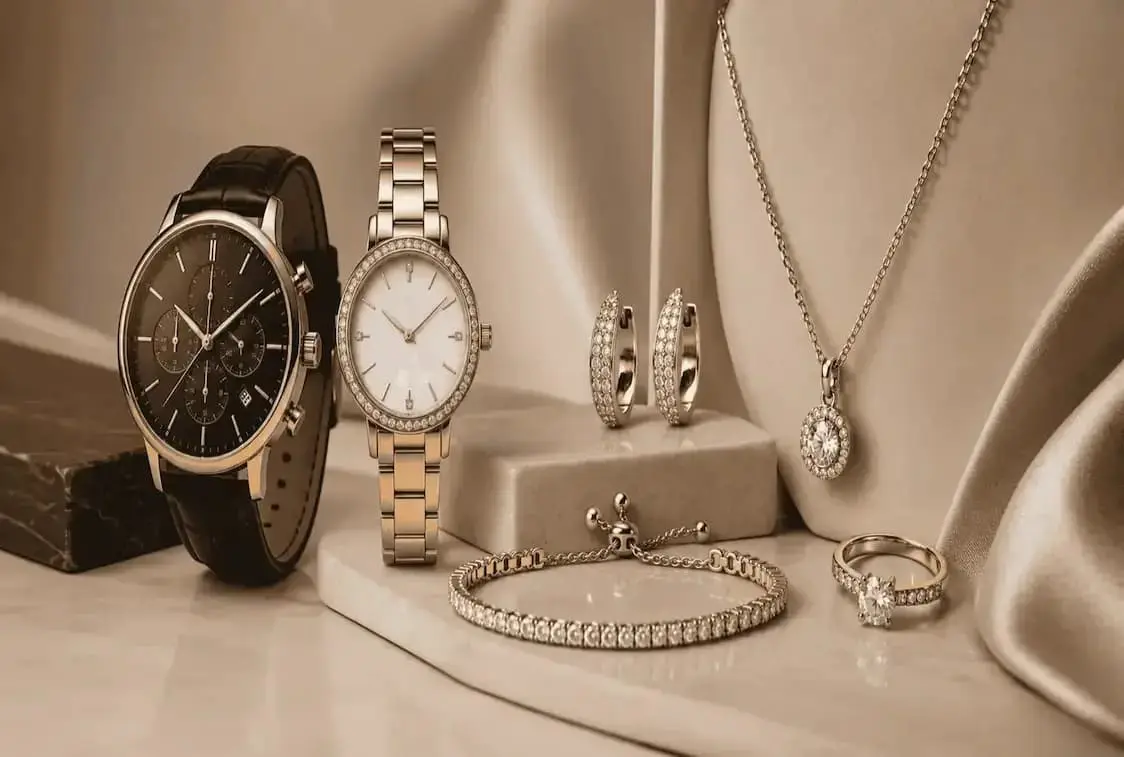 Collection of jewelry including watches, earrings, bracelet, and ring on a neutral background.