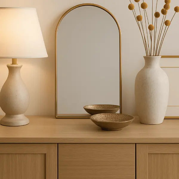 Decorative items on a wooden surface including a lamp, mirror, bowls, and a vase.