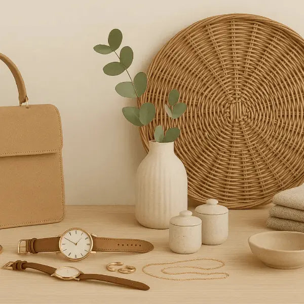 Scandinavian-style decor with a woven basket, ceramic items, and a watch on a wooden surface.