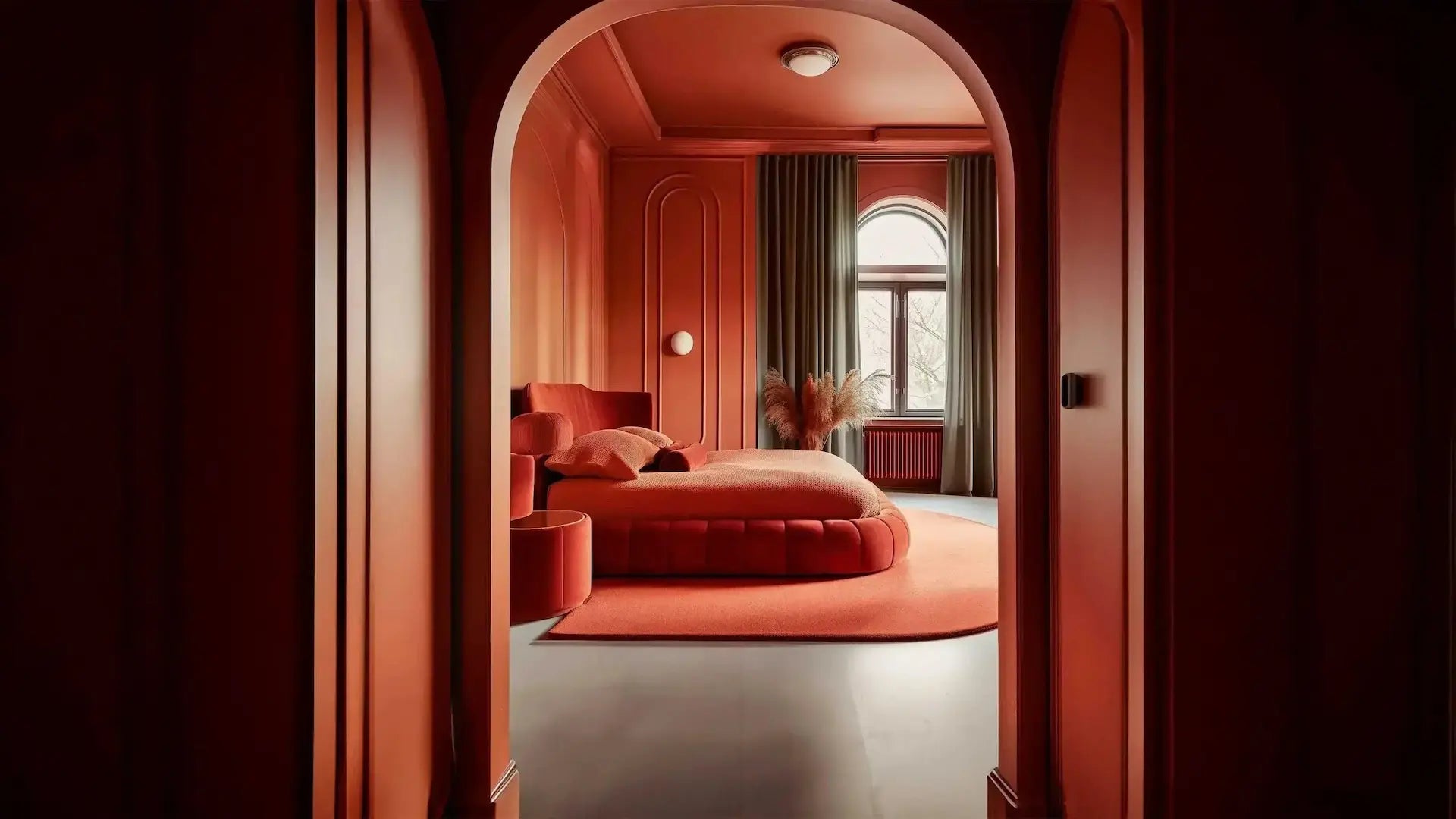 Pink bedroom with a large bed and decorative elements, viewed through an archway.
