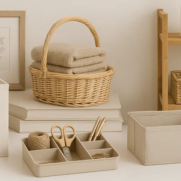 Wicker basket with folded towels on a shelf, accompanied by an organized tray with stationery items.