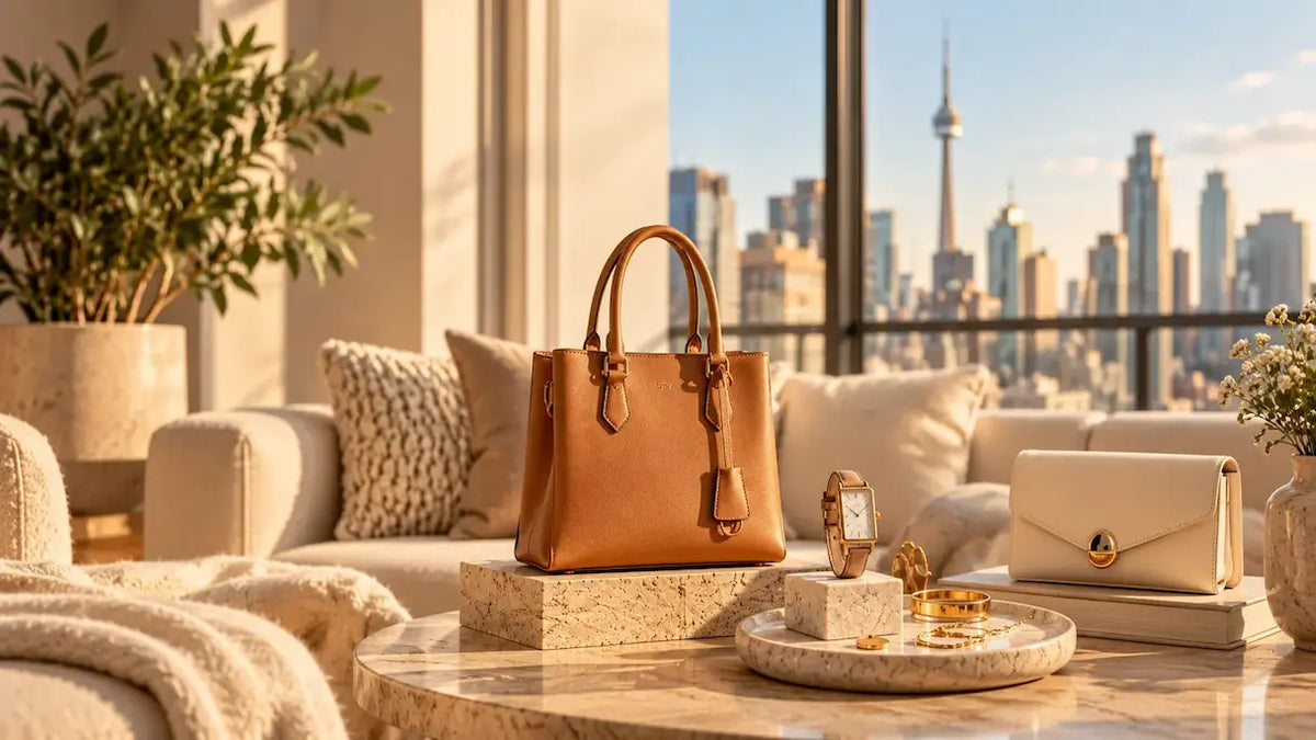 Elegant handbags, watches, and gold accessories displayed in a modern living room – Emesa Home