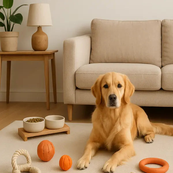 Dog lying on a rug in a living room with toys and food bowls.